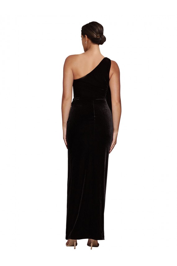 Affordable Sleeveless One Shoulder Stretch Velvet Black Long Prom Dress Canada
