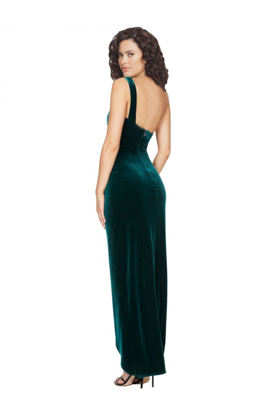 Affordable Sleeveless One Shoulder Stretch Velvet Dark Green Long High Low Prom Dress Canada
