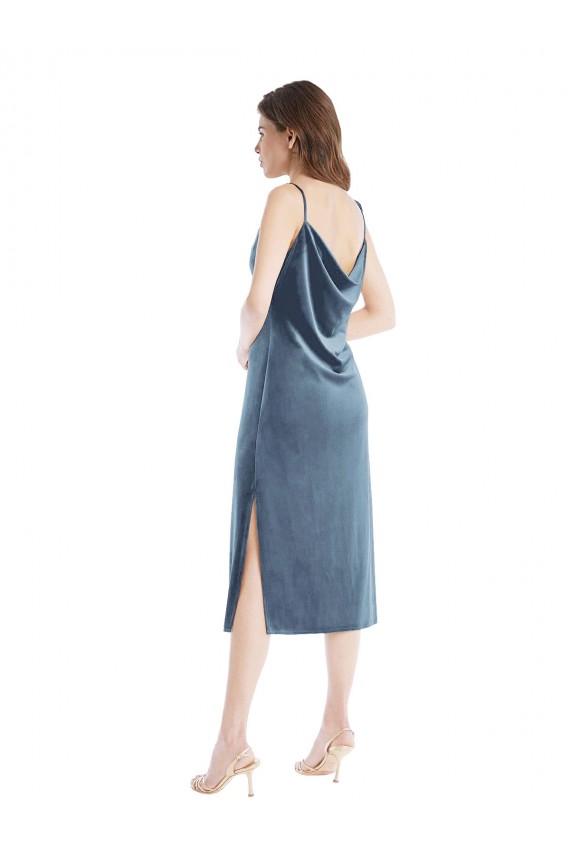Affordable Sleeveless One Shoulder Stretch Velvet Dusty Blue Long Prom Dress Canada