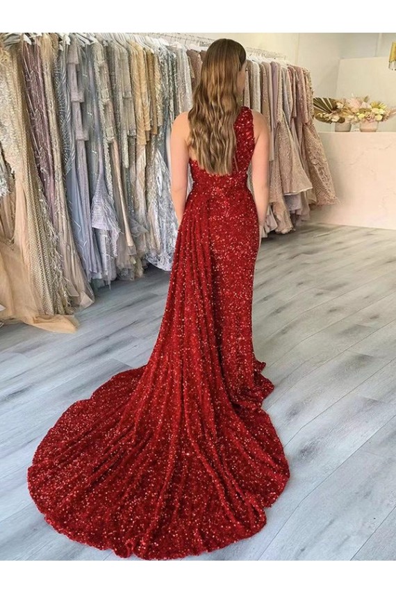 Affordable Sleeveless One Shoulder Velvet Sequin Burgundy Court Train Prom Dress Canada