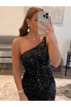 Affordable Sleeveless One Shoulder Velvet Sequin Black Short Prom Dress Canada