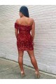Affordable Sleeveless One Shoulder Velvet Sequin Burgundy Short Prom Dress Canada