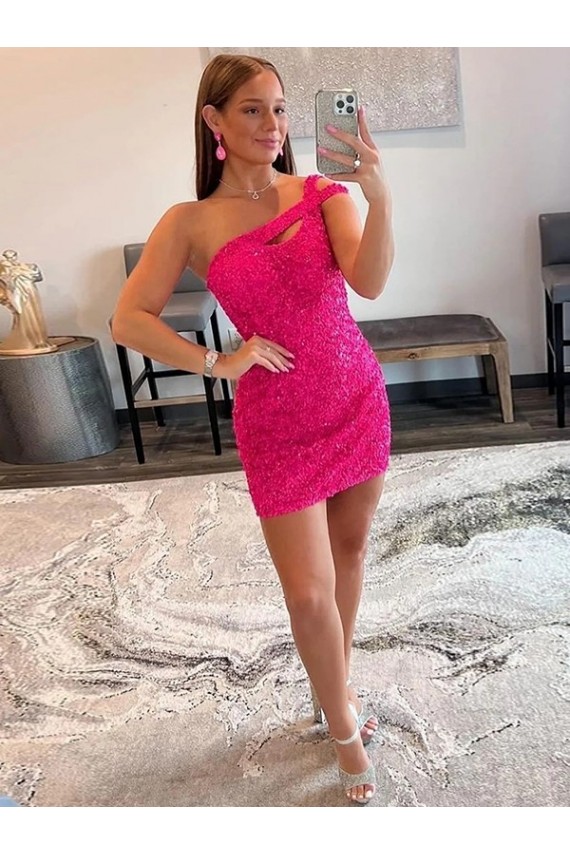 Affordable Sleeveless One Shoulder Velvet Sequin Fuchsia Short Prom Dresses Canada
