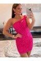 Affordable Sleeveless One Shoulder Velvet Sequin Fuchsia Short Prom Dresses Canada