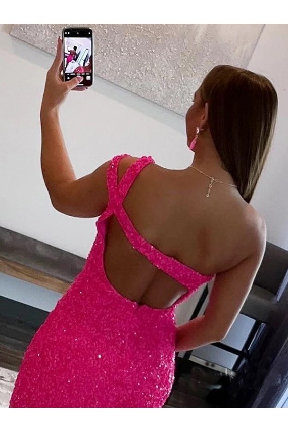 Affordable Sleeveless One Shoulder Velvet Sequin Fuchsia Short Prom Dresses Canada