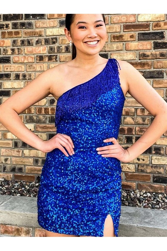 Affordable Sleeveless One Shoulder Velvet Sequin Royal Blue Short Homecoming Dresses Canada