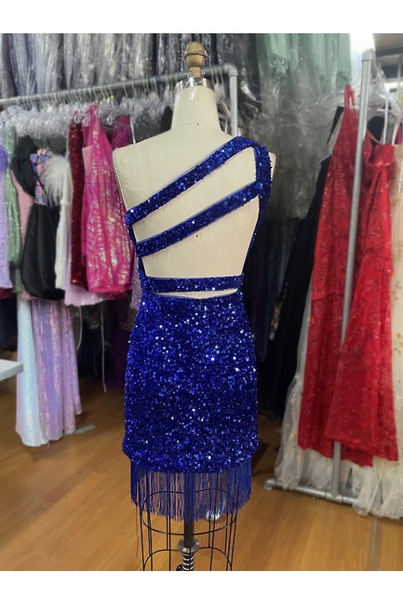 Affordable Sleeveless One Shoulder Velvet Sequins Royal Blue Short Homecoming Dress Canada