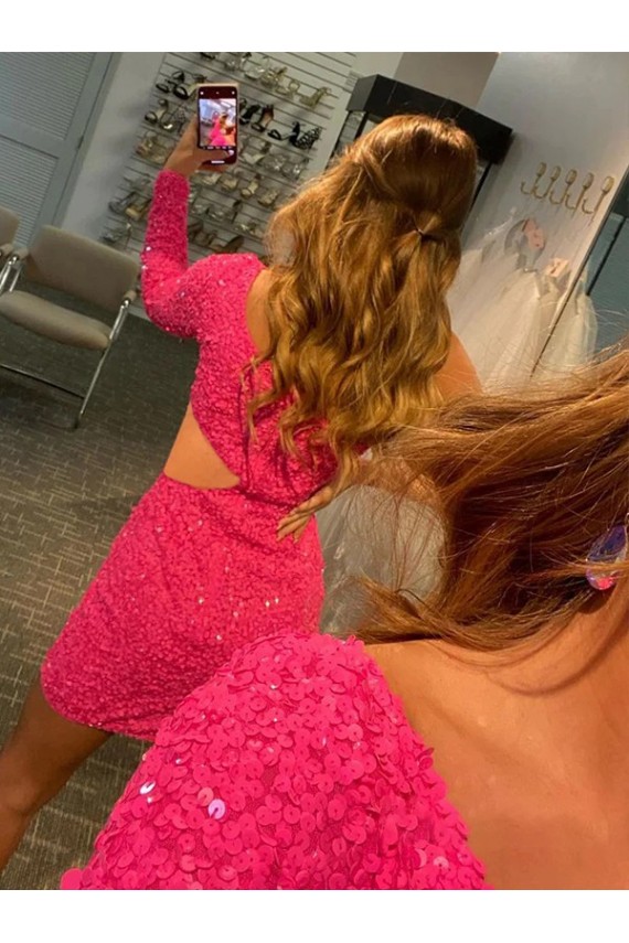 Affordable Long Sleeves One Shoulder Velvet Sequin Short Prom Dresses Canada