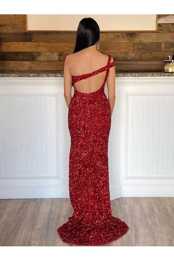 Affordable Sleeveless One Shoulder Velvet Sequin Burgundy Sweep Train Prom Dress Canada