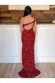 Affordable Sleeveless One Shoulder Velvet Sequin Burgundy Sweep Train Prom Dress Canada