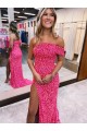 Affordable Sleeveless One Shoulder Velvet Sequin Fuchsia Sweep Train Evening Gown Canada