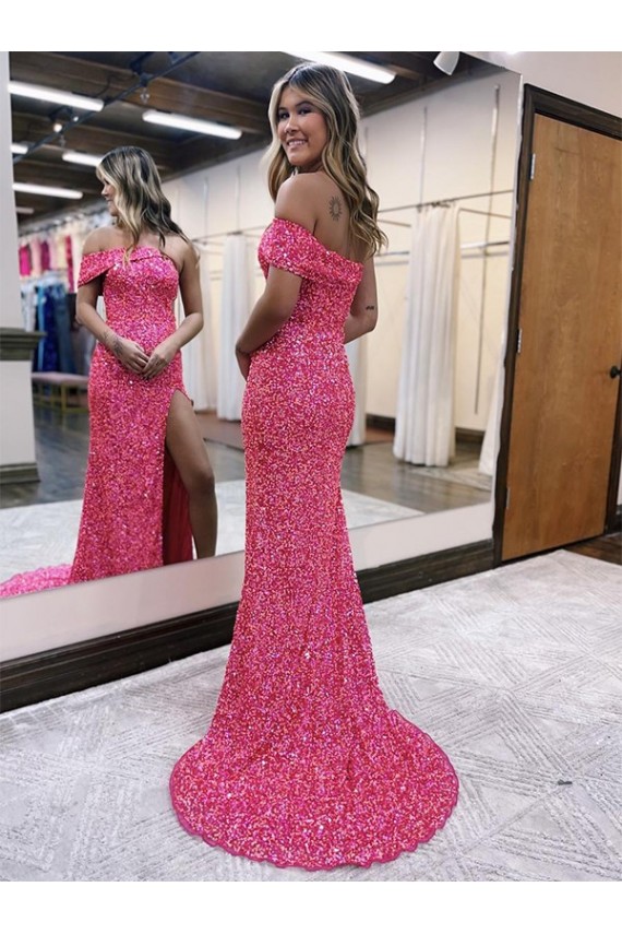 Affordable Sleeveless One Shoulder Velvet Sequin Fuchsia Sweep Train Evening Gown Canada