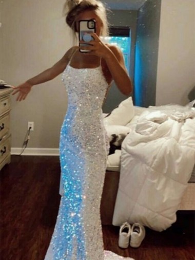 Affordable Sleeveless Spaghetti Straps Velvet Sequin Sweep Train Prom Dress Canada