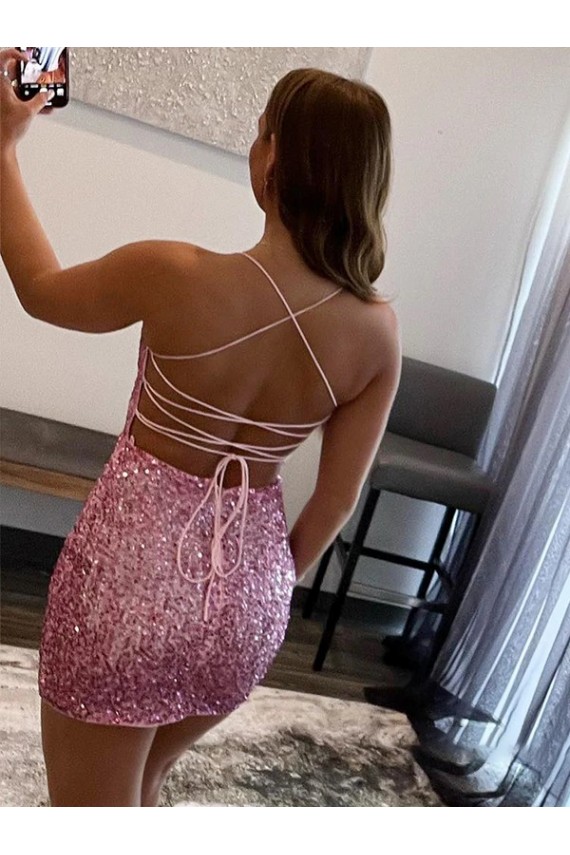 Affordable Sleeveless Spaghetti Straps Velvet Sequin Hot Pink Short Prom Dress Canada