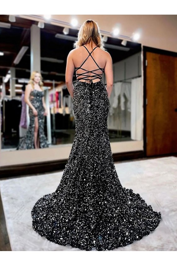 Affordable Sleeveless Spaghetti Straps Velvet Sequin Sweep Train Prom Dresses Canada