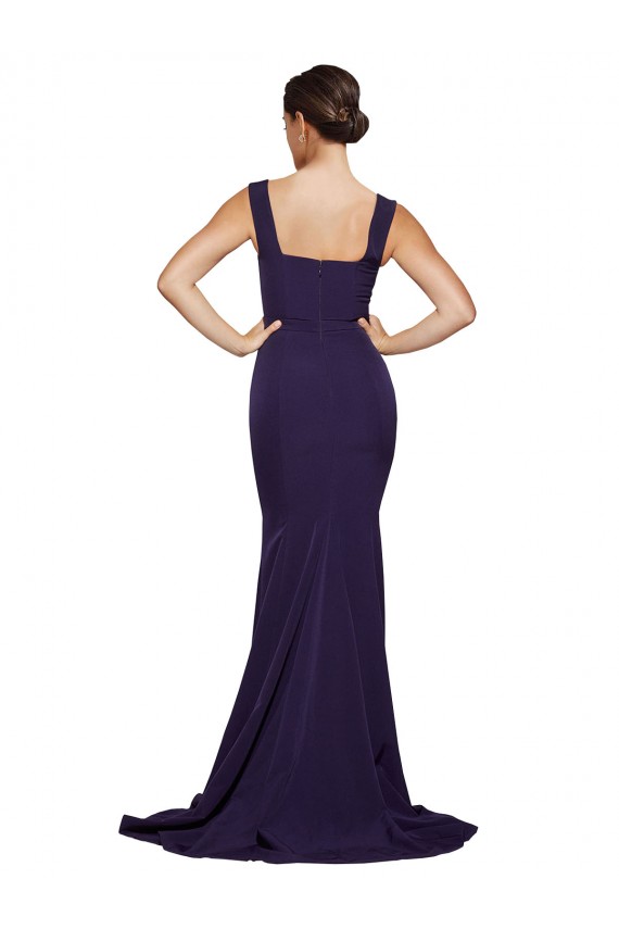 Affordable Sleeveless Square Neck Stretch Crepe Dark Navy Sweep Train Prom Dress Canada
