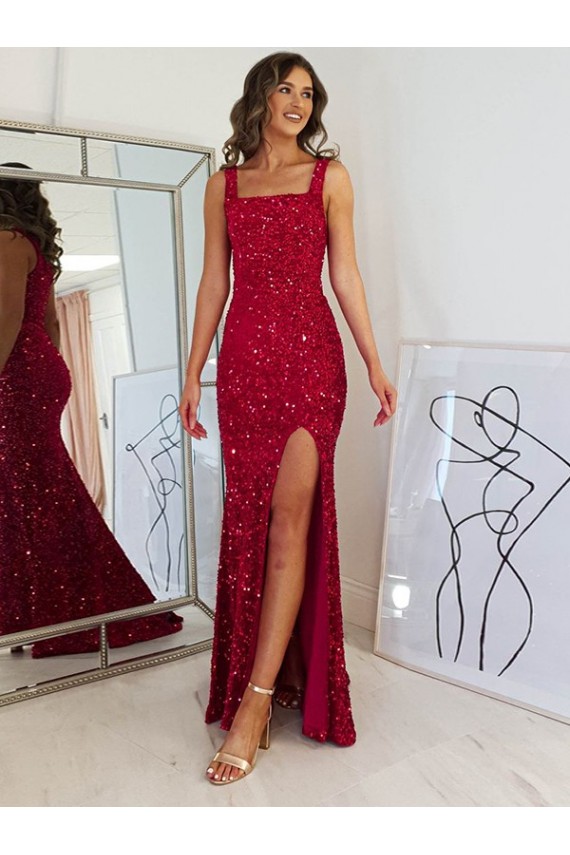 Affordable Sleeveless Square Neck Velvet Sequin Burgundy Long Prom Dress Canada