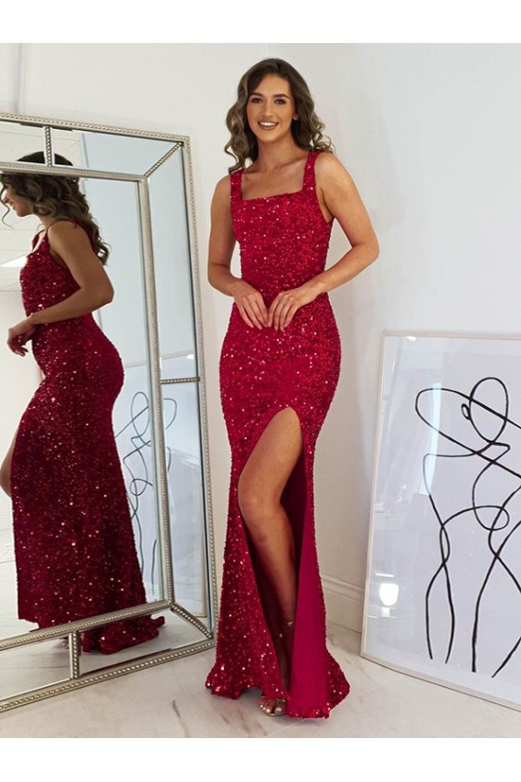 Affordable Sleeveless Square Neck Velvet Sequin Burgundy Long Prom Dress Canada