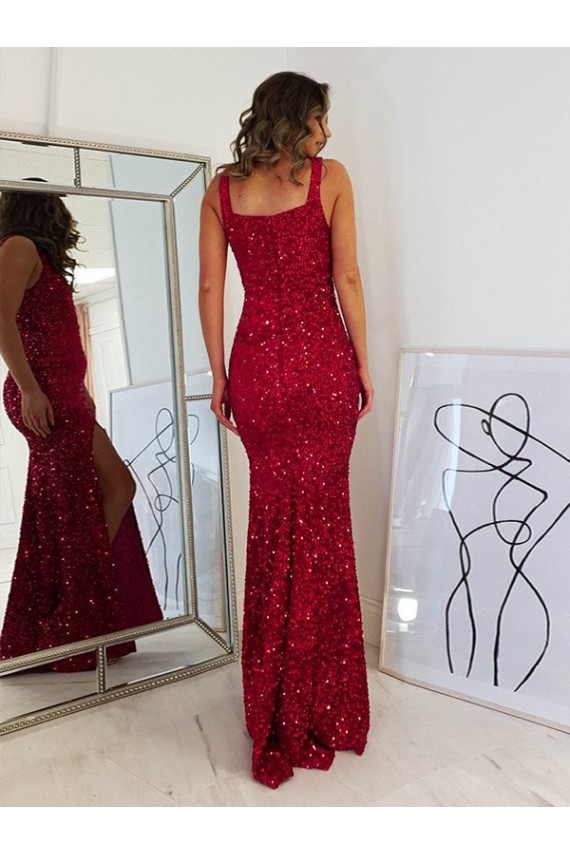 Affordable Sleeveless Square Neck Velvet Sequin Burgundy Long Prom Dress Canada