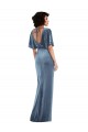Affordable Flutter Sleeves Stretch Velvet Dusty Blue Long Prom Dress Canada