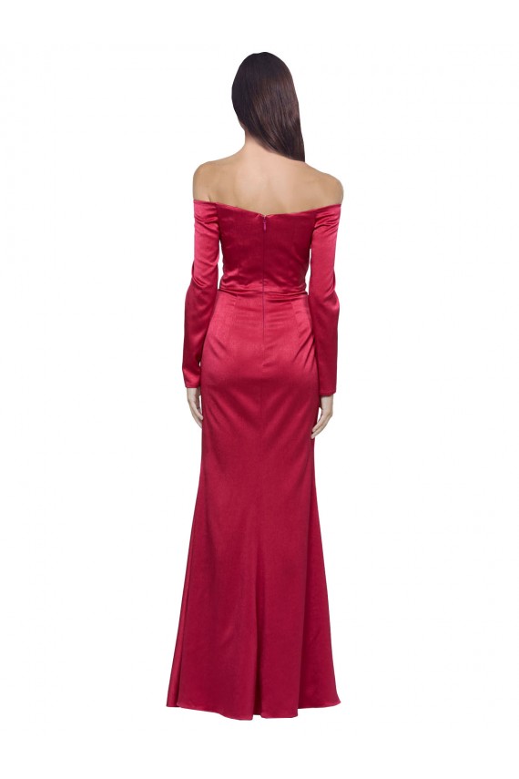Affordable Long Sleeves Sweetheart Stretch Satin Dark Red Long Prom Dress Canada