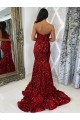 Affordable Sleeveless Sweetheart Velvet Sequin Burgundy Court Train Prom Dress Canada