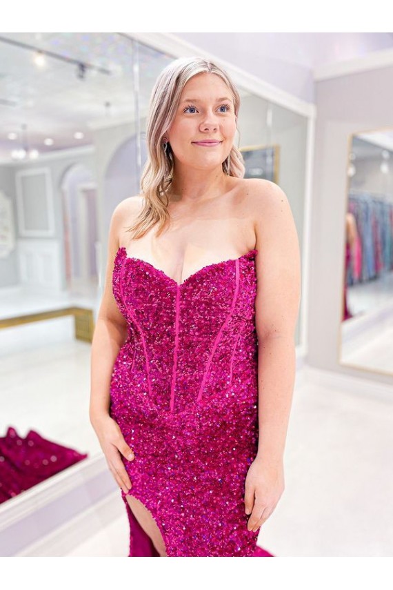 Affordable Sleeveless Sweetheart Velvet Sequin Sweep Train Prom Dress Canada