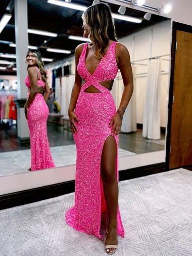 Affordable Sleeveless V-Neck Velvet Sequin Long Sweep Train Prom Dress Canada