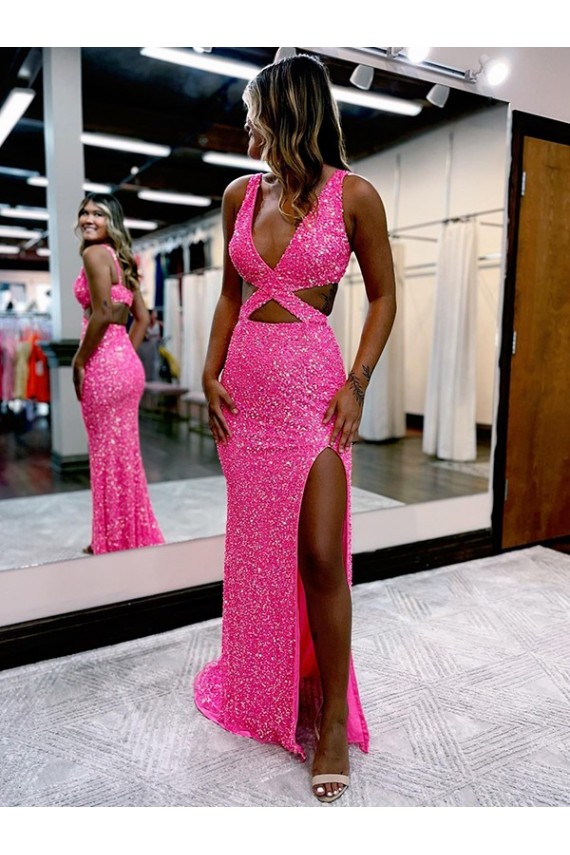 Affordable Sleeveless V-Neck Velvet Sequin Long Sweep Train Prom Dress Canada
