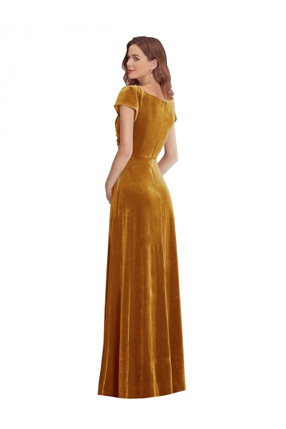 Affordable Cap Sleeves V-Neck Stretch Velvet Gold Long Prom Dress Canada