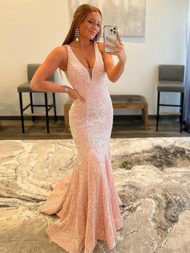 Affordable Sleeveless V-Neck Velvet Sequin Sweep Train Prom Dress Canada