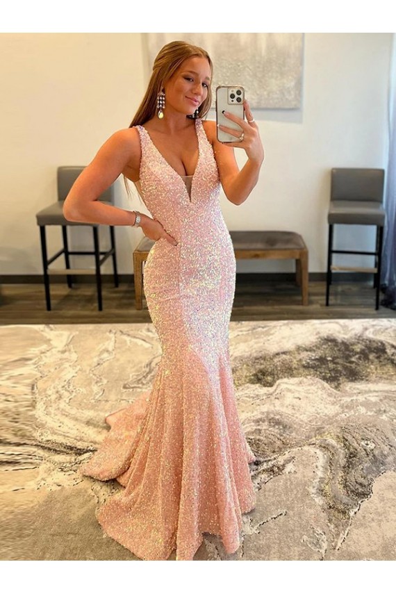 Affordable Sleeveless V-Neck Velvet Sequin Sweep Train Prom Dress Canada
