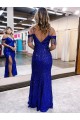 Affordable Sleeveless V-Neck Velvet Sequin Royal Blue Long Prom Dress Canada