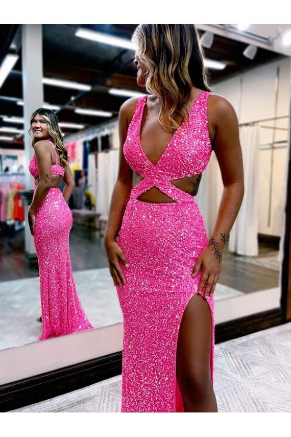 Affordable Sleeveless V-Neck Velvet Sequin Long Sweep Train Prom Dress Canada