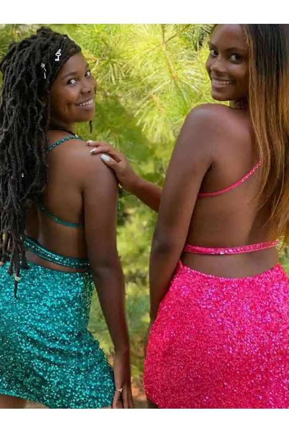 Affordable Sleeveless V-Neck Velvet Sequin Dark Green Short Prom Dress Canada