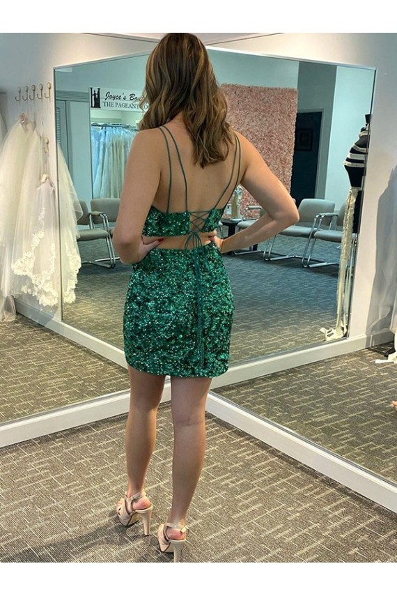 Affordable Sleeveless V-Neck Velvet Sequin Shamrock Green Short Prom Dress Canada