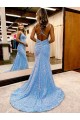 Affordable Sleeveless V-Neck Velvet Sequin Periwinkle Sweep Train Evening Gown Canada