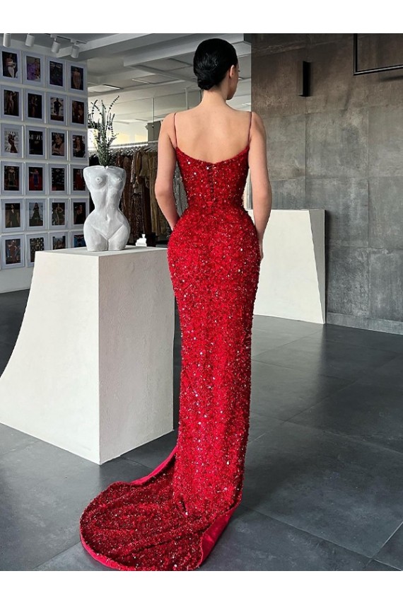Affordable Sleeveless V-Neck Velvet Sequin Red Sweep Train Prom Dress Canada