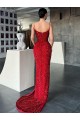 Affordable Sleeveless V-Neck Velvet Sequin Red Sweep Train Prom Dress Canada