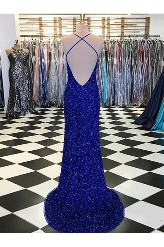 Affordable Sleeveless V-Neck Velvet Sequin Royal Blue Sweep Train Prom Dress Canada