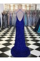 Affordable Sleeveless V-Neck Velvet Sequin Royal Blue Sweep Train Prom Dress Canada