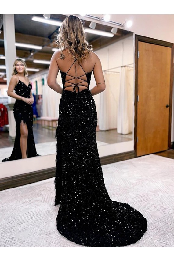 Affordable Sleeveless V-Neck Velvet Sequin Royal Blue Sweep Train Prom Dresses Canada