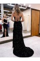 Affordable Sleeveless V-Neck Velvet Sequin Royal Blue Sweep Train Prom Dresses Canada