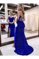 Affordable Sleeveless V-Neck Velvet Sequin Royal Blue Sweep Train Prom Dresses Canada