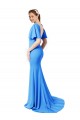 Affordable Short Sleeves V-Neck Stretch Crepe Peacock Blue Sweep Train Prom Dress Canada