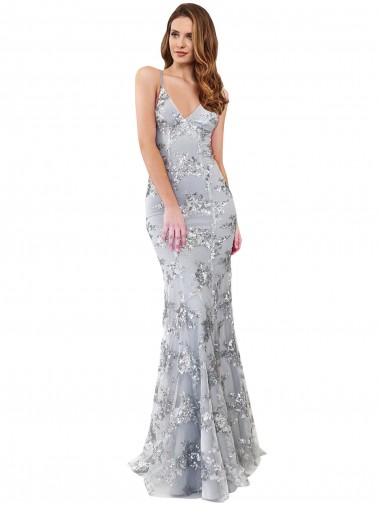 Affordable Sleeveless High Neck Stretch Crepe & Sequin Tulle Silver Long Prom Dress Canada