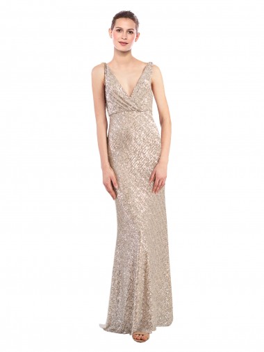 Affordable Sleeveless V-Neck Sequin & Sparkling Sequin Silver Long Prom Dress Canada