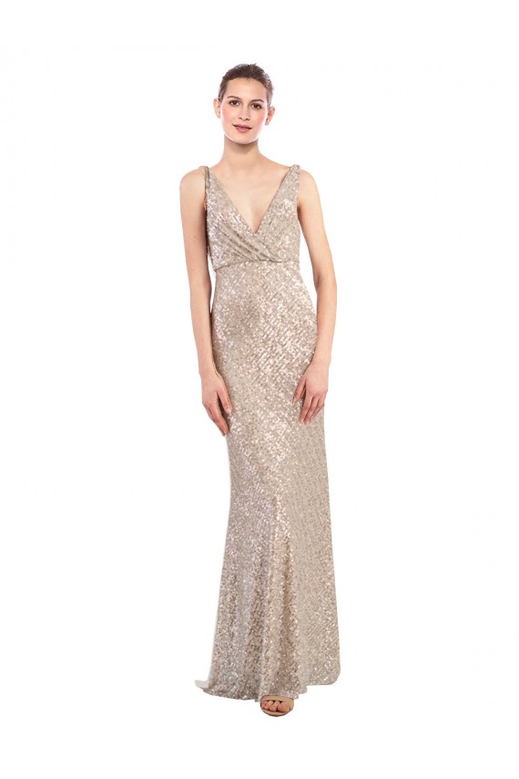 Affordable Sleeveless V-Neck Sequin & Sparkling Sequin Silver Long Prom Dress Canada