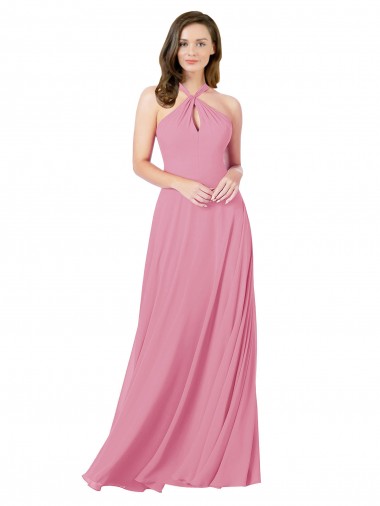 Affordable Sleeveless Halter Neck Soft Chiffon Skin Pink Long Prom Dress Canada