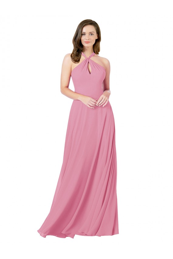 Affordable Sleeveless Halter Neck Soft Chiffon Skin Pink Long Prom Dress Canada